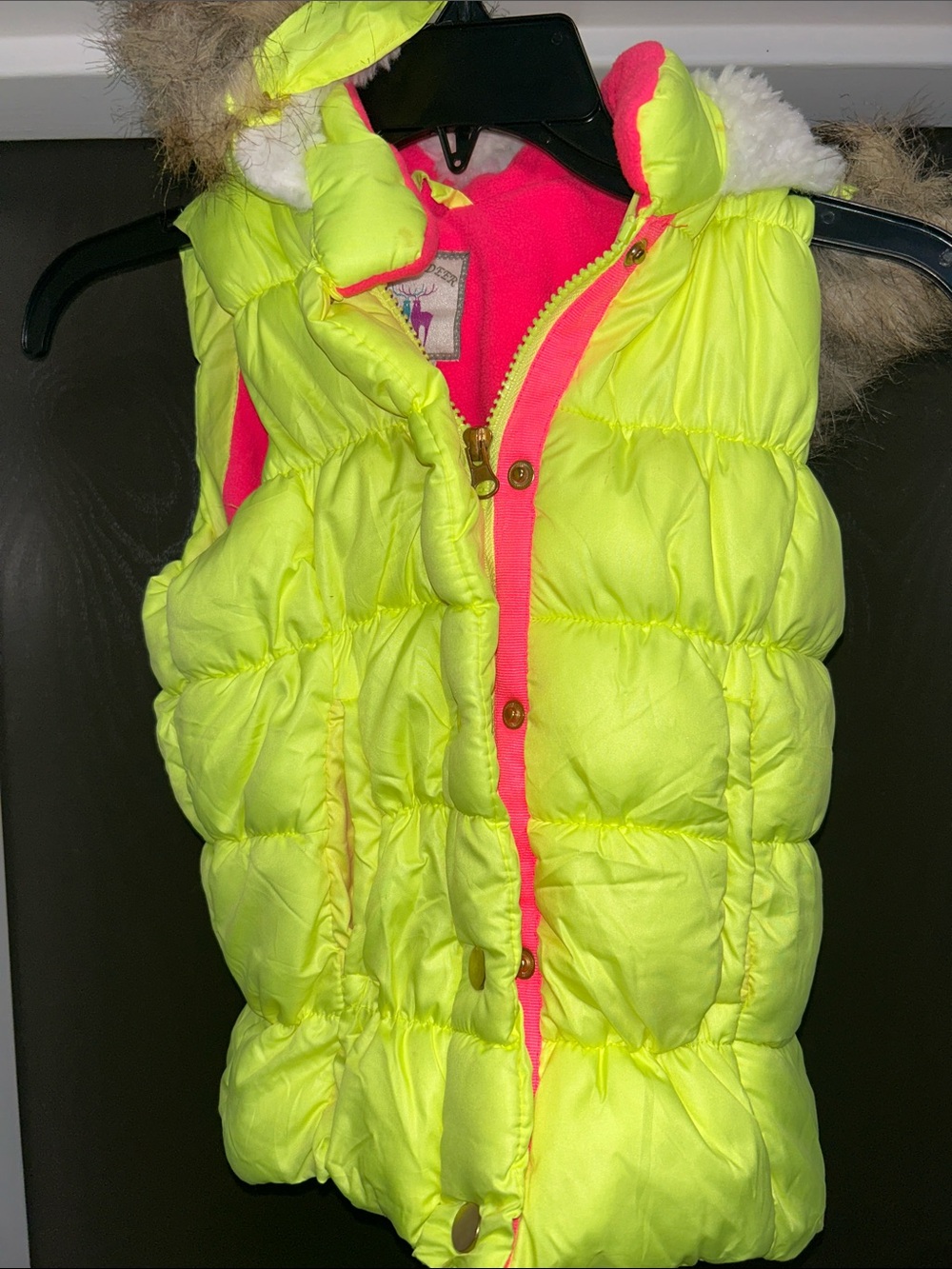 Girls' Neon Yellow Puffer Vest with Pink Lining